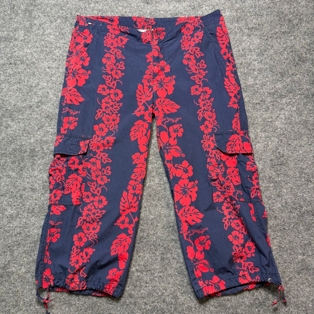 TOMMY HILFIGER Tommy Jeans Floral Cargo Pants Navy Red Tropical Hibiscus Capris